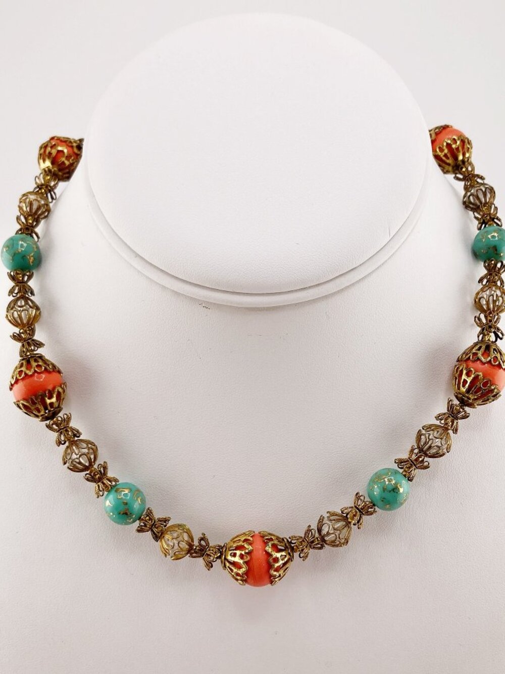VINTAGE Coral and turquoise plastic beaded choker necklace ~ 1950s 1960s jewelry